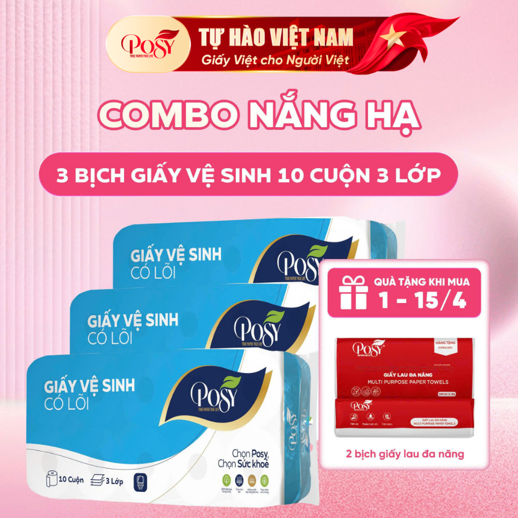 [Live Kol] Combo 3 bịch giấy vệ sinh Posy có lõi hoặc không lõi 10 cuộn 3 lớp