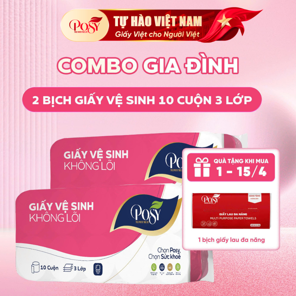COMBO GIA ĐÌNH - 2 bịch Giấy vệ sinh Posy 10 cuộn 3 lớp không lõi - có lõi mềm mịn, dễ tan trong nướ