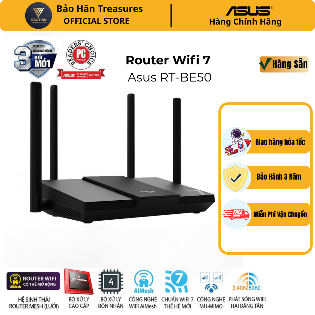 Asus Thiết Bị Phát Wifi 7 RT BE50 Chuẩn BE3600, Công Nghệ Smart AiMesh, IoT Network, 4K-QAM, 160 MHz
