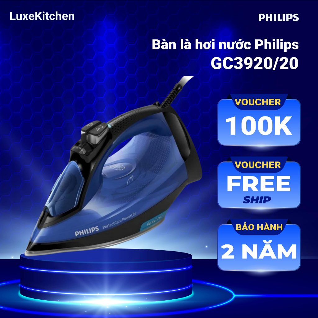 Bàn Ủi Hơi Nước PHILIPS GC3920/20 2500W - Công Suất Phun Mạnh, Tự Động Ngắt Điện, Không Cháy Vải