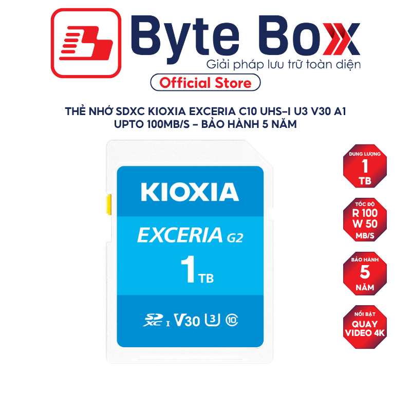 Thẻ nhớ SDXC KIOXIA EXCERIA 1TB C10 UHS-I U3 V30 A1 upto 100MB/s LNEX2L001TG4 - Bảo hành 5 năm