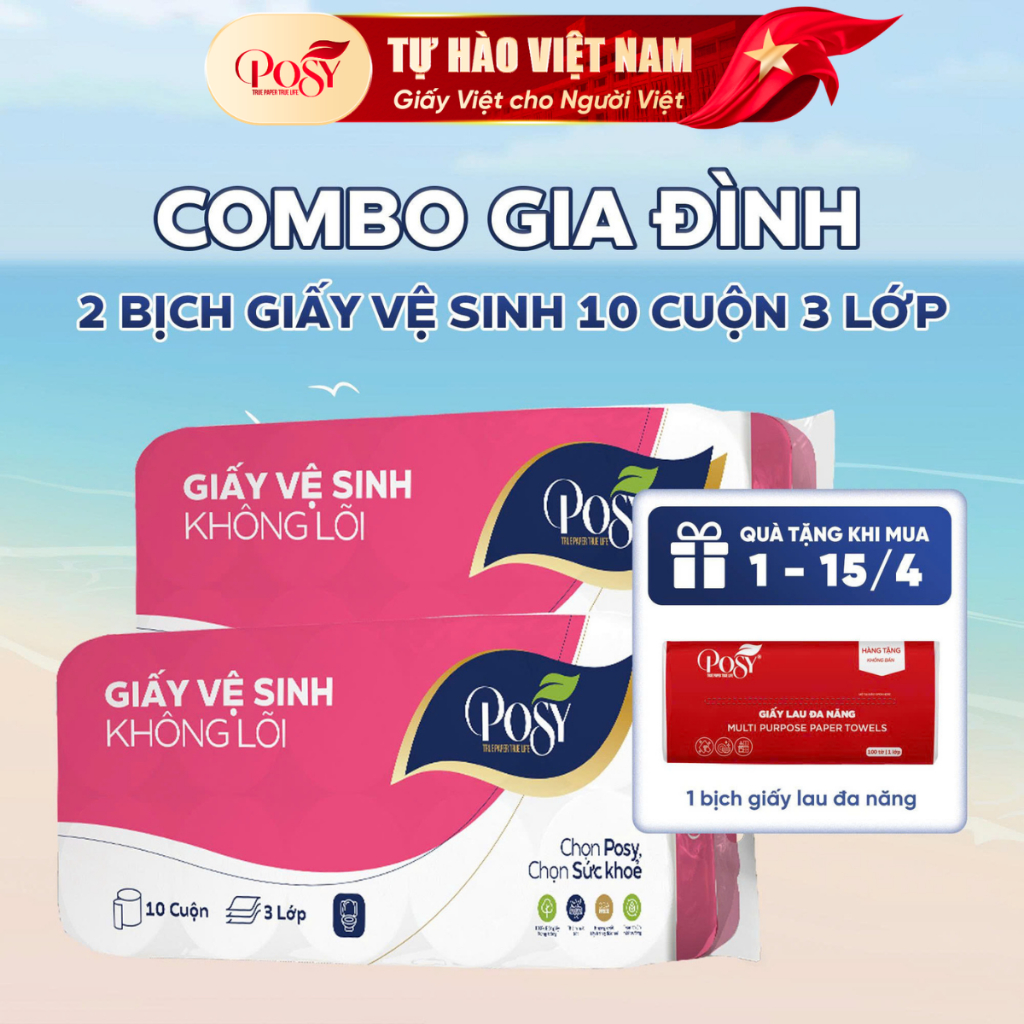 [COMBO GIA ĐÌNH]  - 2 bịch Giấy vệ sinh Posy 10 cuộn 3 lớp không lõi - có lõi mềm dai, DỄ TAN TRONG 