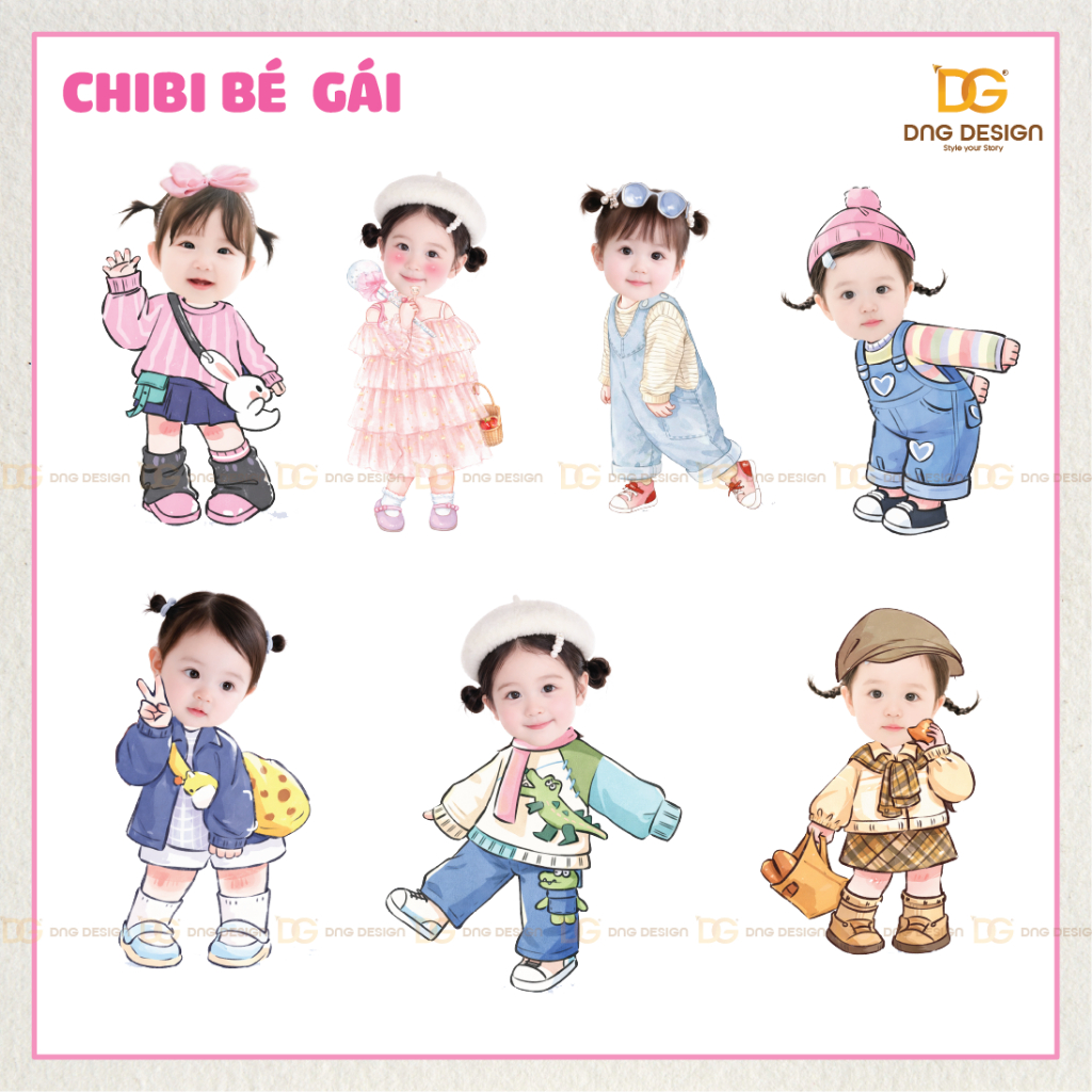 Chibi Bé Gái Phong Cách Hàn Quốc Ghép Ảnh | Thiết Kế Theo Ảnh Bé (Duyệt Mẫu Trước Khi In)