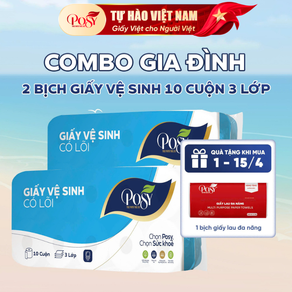 Combo 2 bịch giấy vệ sinh Posy 10 cuộn 3 lớp, Có lõi và không lõi, mềm mịn dai và dễ tan trong nước