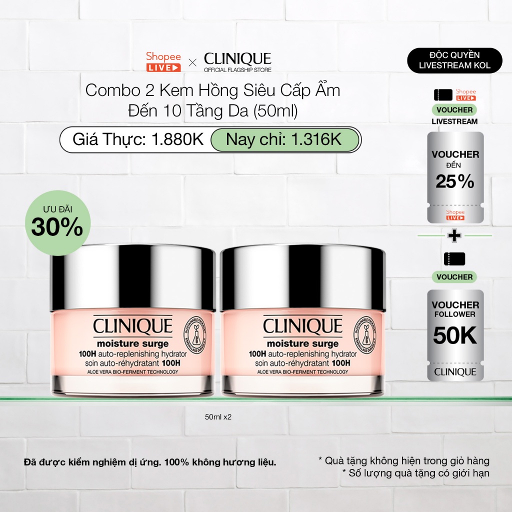 [Ưu đãi Livestream] Combo 2 Kem hồng dưỡng ẩm nhanh chóng 100H Clinique Moisture Surge 100H Auto-Rep