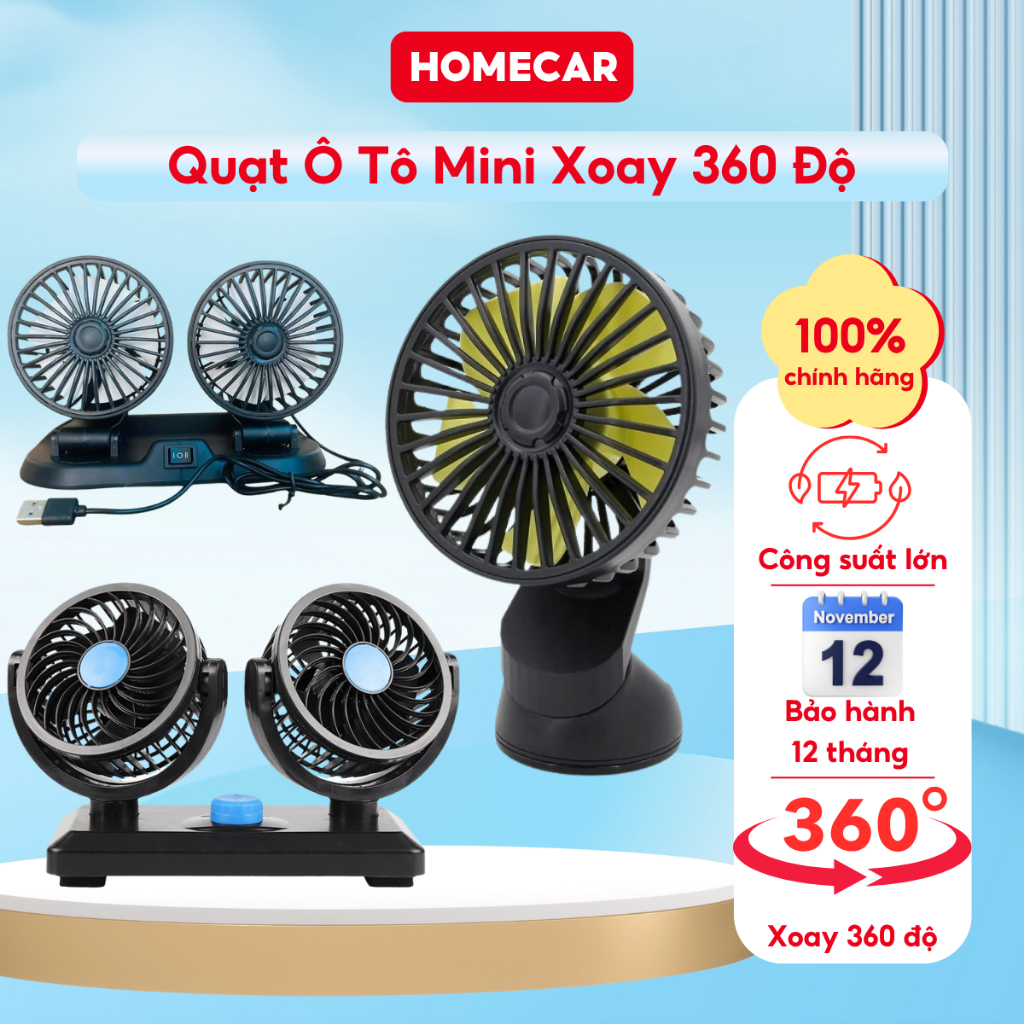Quạt ô Tô Mini Đơn Đôi Quạt Xe Tải Xoay 360 Độ Siêu Mát Tẩu Sạc 5V 12V 24V Phù Hợp Mọi Dòng Xe