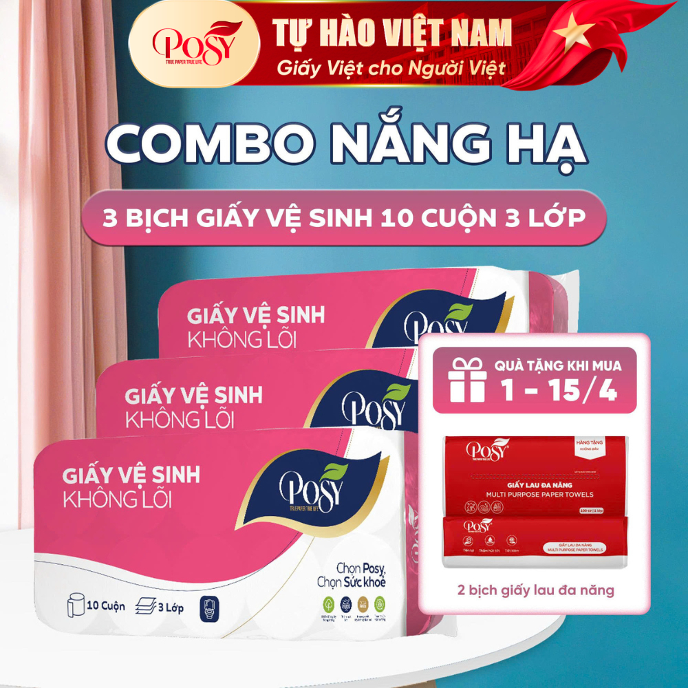 POSY_[Live Kol-Combo Nắng Hạ] 3 Bịch Giấy Vệ Sinh Posy 10 Cuộn 3 Lớp Mềm Mịn Dễ Tan Trong Nước