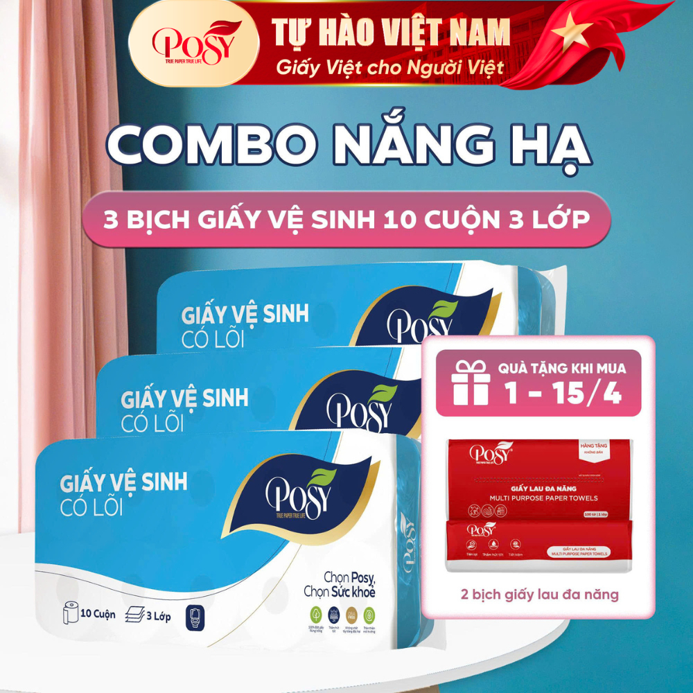 POSY_[COMBO NẮNG HẠ] 3 Bịch Giấy Vệ Sinh Posy 10 Cuộn 3 Lớp (1.6kg/Bịch), Mềm Mịn Làm Từ Bột Giấy Tự
