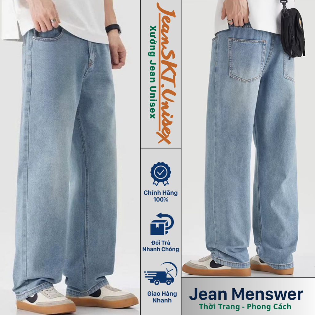 Quần jean nam baggy suông rộng SR02 dáng đứng vải jean bò xanh cao cấp JeanSKT xu hướng 2025