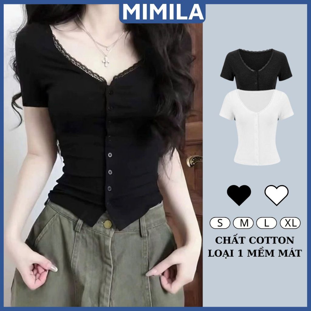 [CÓ SIZE] Áo Thun Cộc Tay Phối Cổ Ren Nữ MIMILA Thiết Kế Ôm Dáng Cúc Cài Chất Thun Cotton Mềm Mát - 
