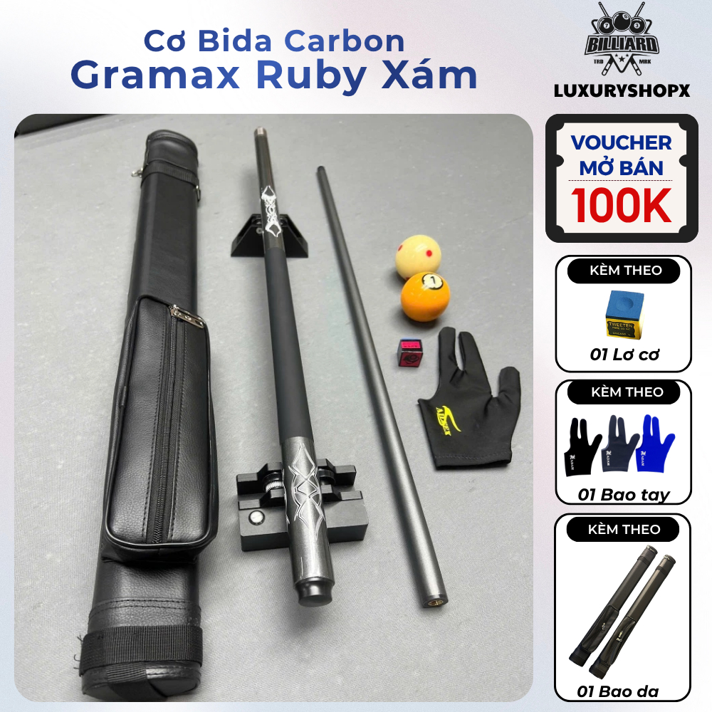 6/6 VOUCHER 150K - Cơ Bida Carbon Gramax Ruby Xám, Combo Bao Da+Găng Tay+Lơ+Cơ Bida Cao Cấp 19oz Chố