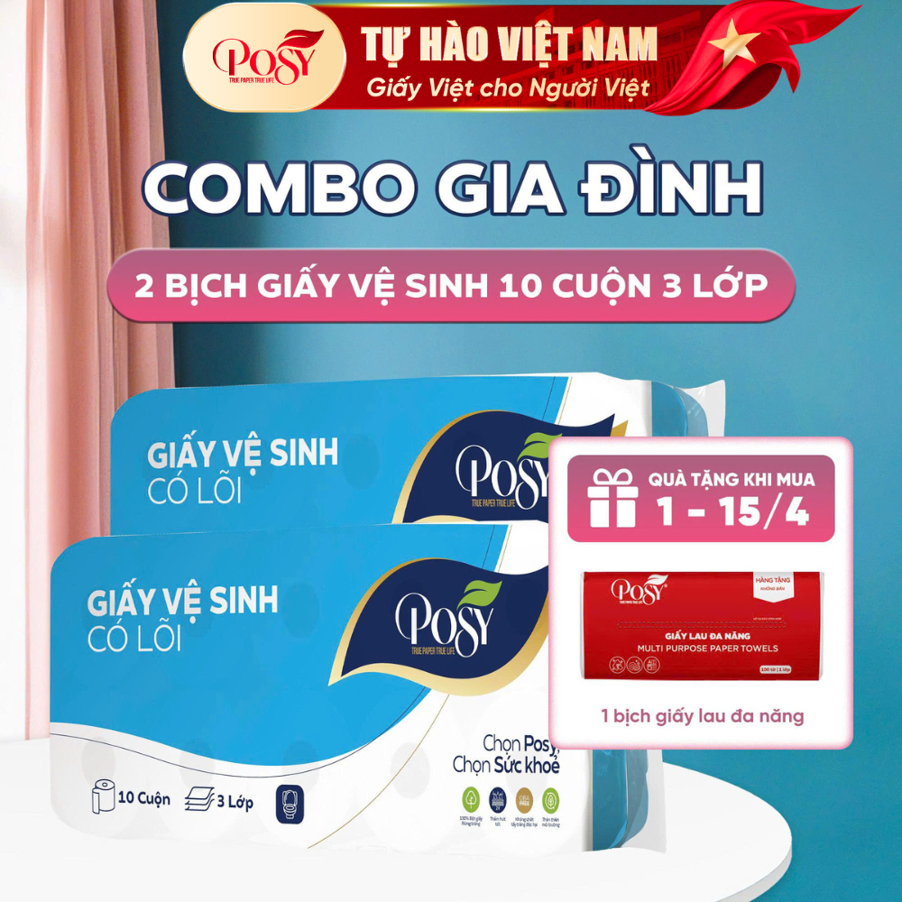 POSY_[Live Kol - Combo Gia Đình S3] 2 Bịch Giấy Vệ Sinh Posy 10 Cuộn 3 Lớp Mịn Dễ Tan Có Lõi/ Không 