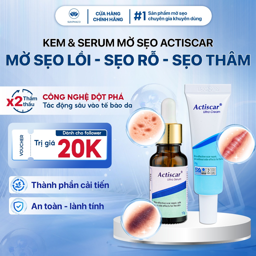 Combo kem serum và viên uống mờ sẹo Actiscar làm mờ sẹo lồi, sẹo lõm, sẹo rỗ, sẹo thâm lâu năm