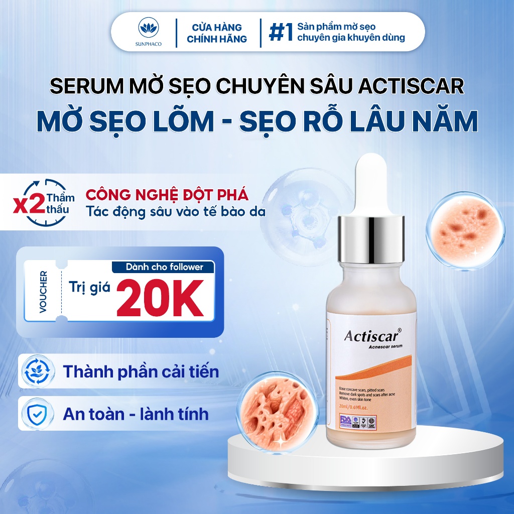 Serum Mờ Sẹo Chuyên Sâu Actiscar Hỗ Trợ Làm Mờ Sẹo Lõm, Sẹo Rỗ, Sẹo Thâm Mụn Lâu Năm