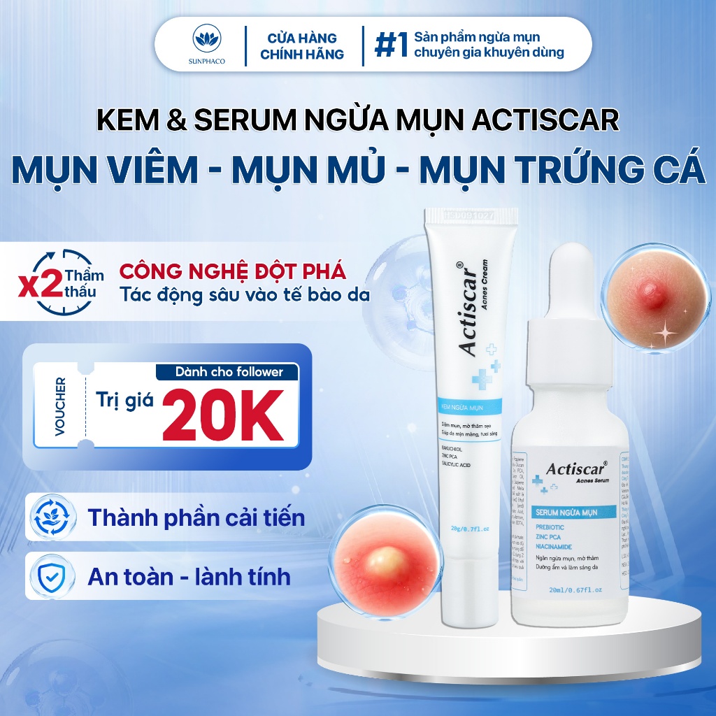 Combo Kem Chấm Mụn Và Serum, Miếng Dán Actiscar Acnes Giảm Mụn Sưng Viêm, Mụn Mủ, Gom Cồi, Ngừa Thâm