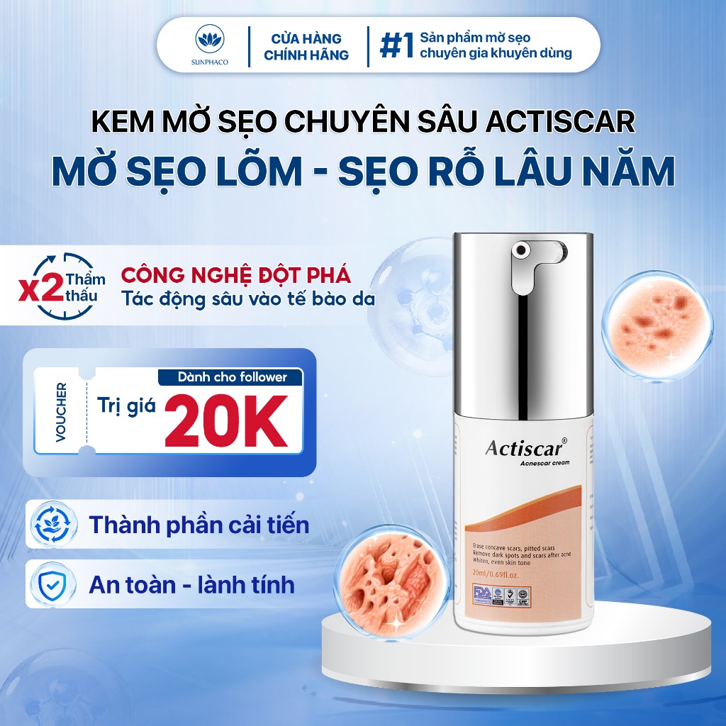 Kem Mờ Sẹo Chuyên Sâu Actiscar Hỗ Trợ Làm Mờ Sẹo Lõm, Sẹo Rỗ, Sẹo Thâm Mụn Lâu Năm