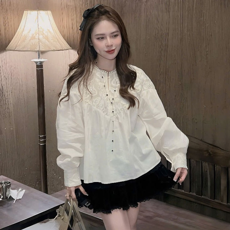 Áo Sơ Mi Phối Ren Thêu Dáng Babydoll Chất Liệu Thô Mịn | BigBuy360 - bigbuy360.vn