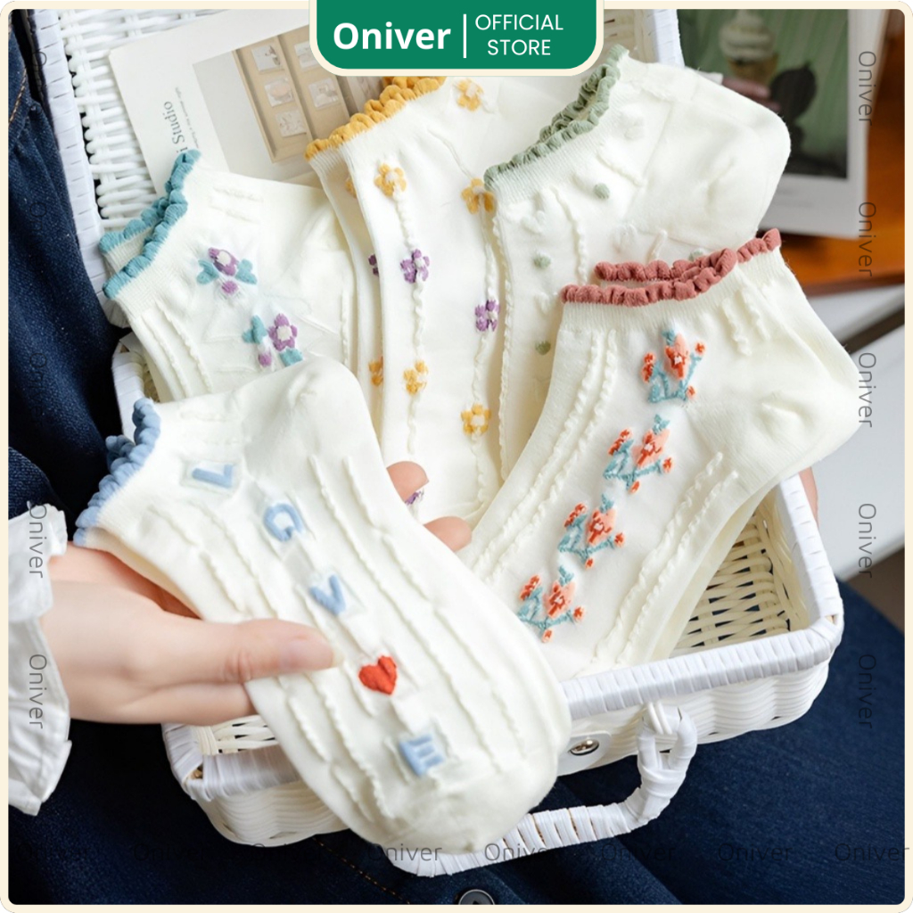 Set 5 đôi tất ngắn nữ vải hoa phong cách Hàn Quốc Oniver H007