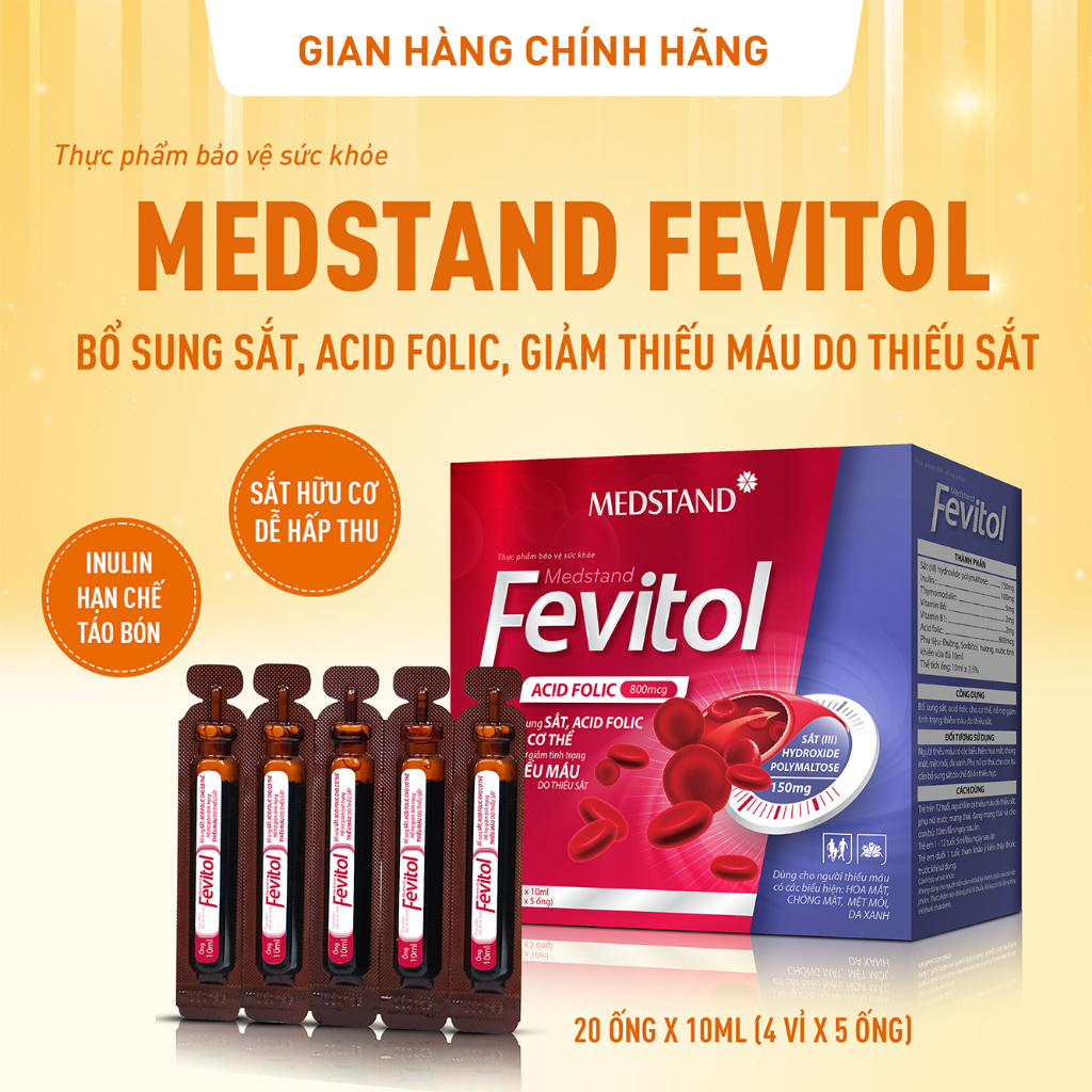 Ống uống bổ sung sắt, acid folic, giảm thiếu máu do thiếu sắt - Medstand FEVITOL (Hộp 20 ống)
