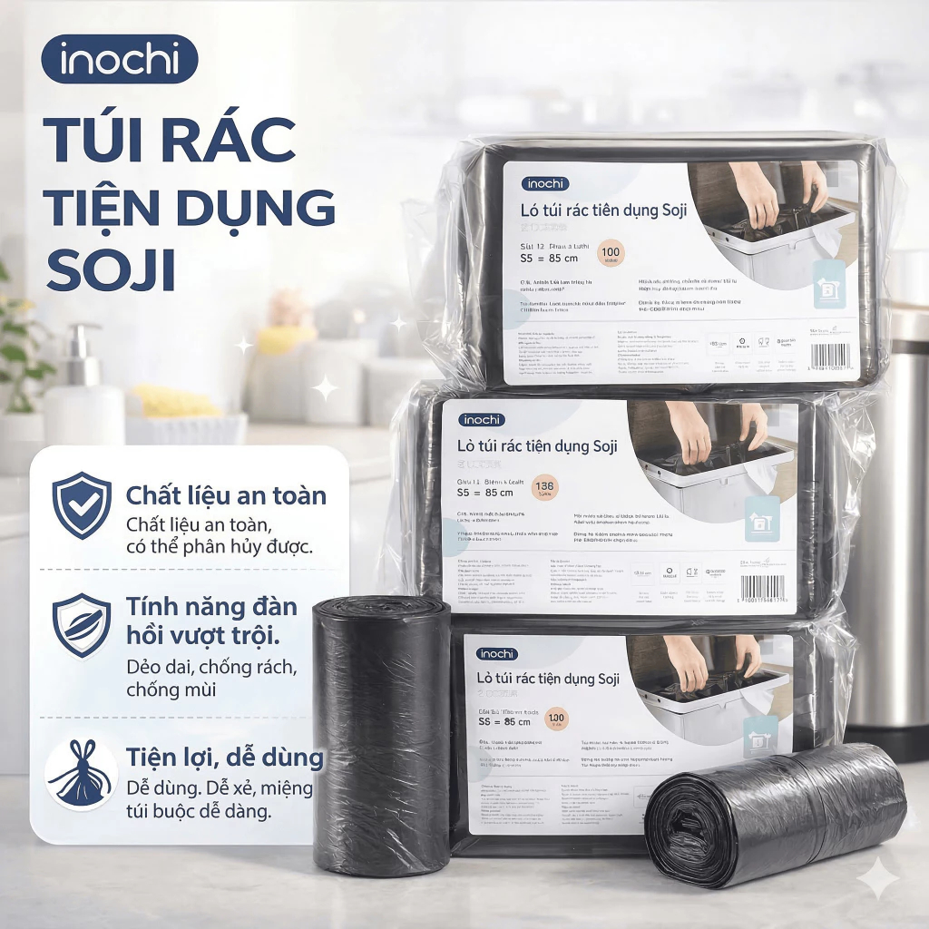 Túi rác tự huỷ sinh học Inochi có quai tiện dụng dạng cuộn nhiều màu, nhiều mùi hương
