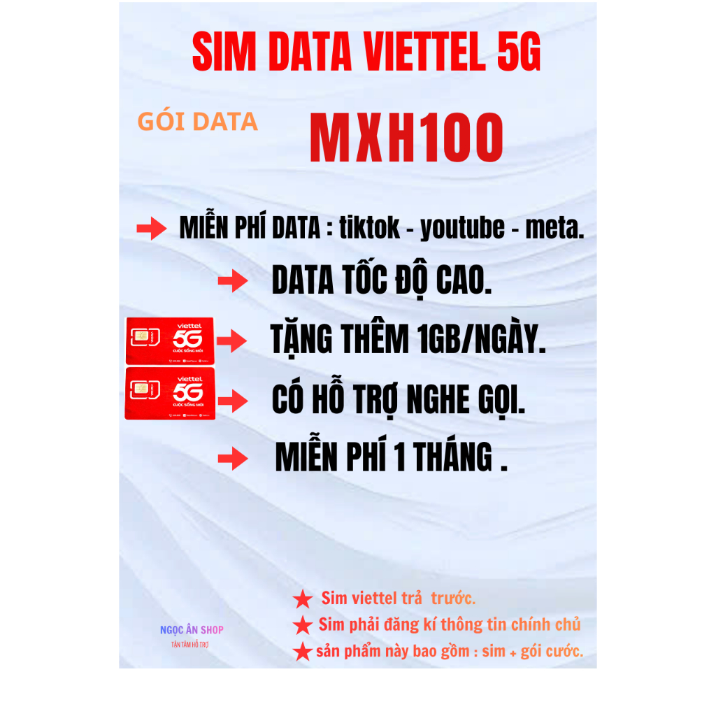 [ MXH100 ]  SIM 5G VIETTEL. MP XEM YOUTUBE - TIKTOK- META. TĂNG THÊM 1GB/NGÀY.   [ miễn phí 1 tháng]