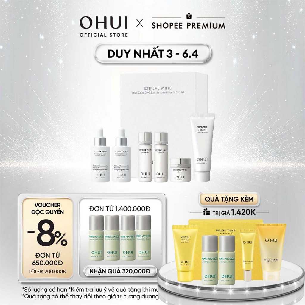 [OHUI Official] Bộ 6 món dưỡng sáng Niacinamide 5% OHUI Extreme White Mela Toning Dark Spot Ampoule 