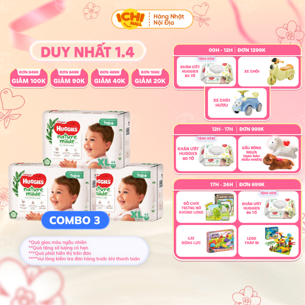 Combo 3 gói Tã bỉm dán/quần HUGGIES PLATIUM NATURE MADE size M58/L44/XL 38/XXL26/S82/NB60 - Hàng chí