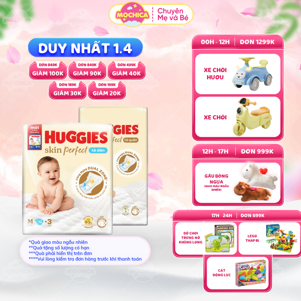Combo 2 Tã/bỉm dán/quần Huggies Skin Perfect NB76/S80+2/M76+3 với 2 vùng thấm giảm kích ứng_Mochica