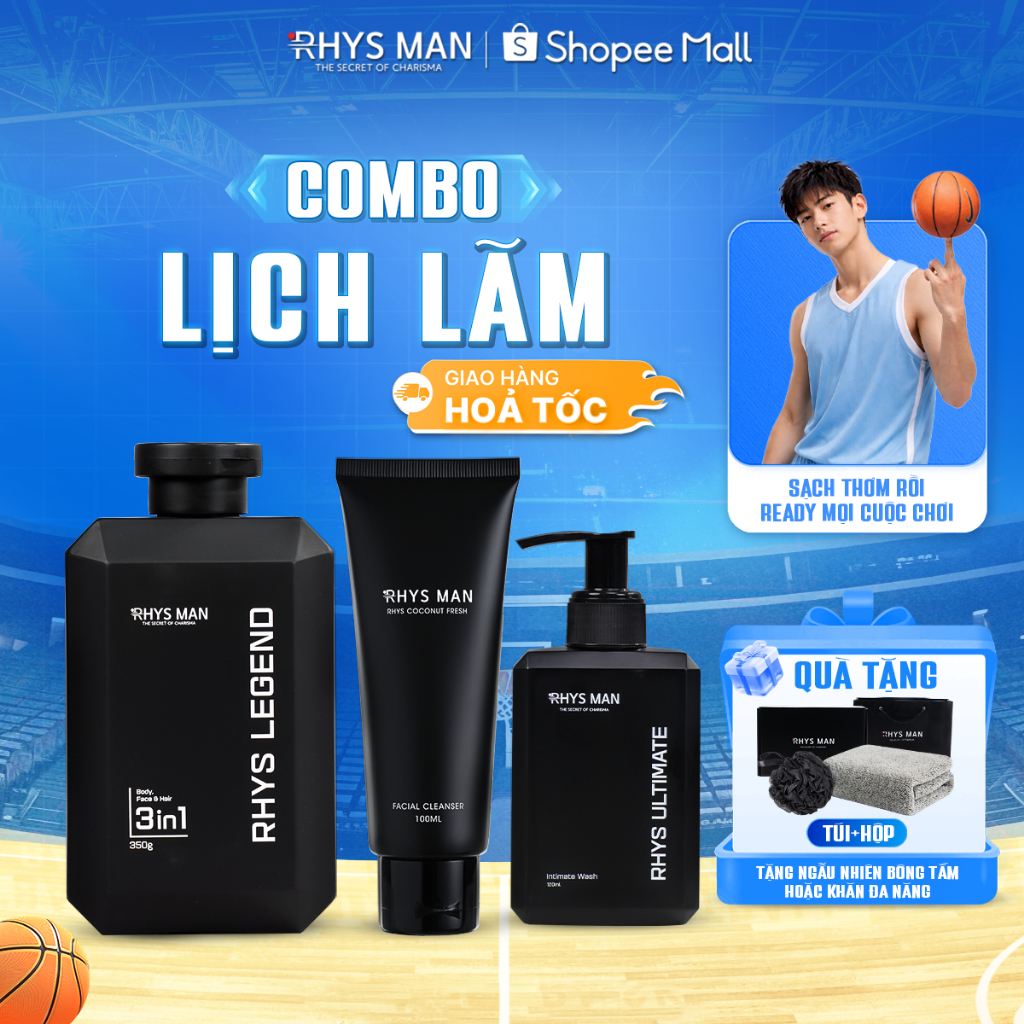 Combo Sữa tắm gội nam 3in1 350ml & Sữa rửa mặt nam 100ml & Dung dịch vệ sinh nam 120ml RHYS MAN