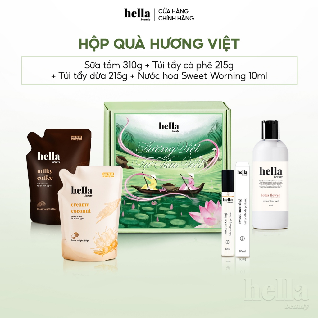 Hộp quà Hương Việt 4 món Túi tẩy tế bào chết cà phê và túi dừa 215g, Sữa tắm hương hoa sen 310ml, Nư