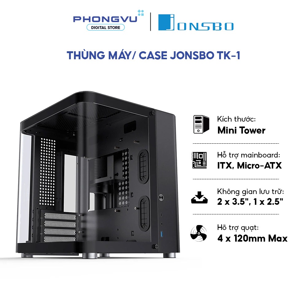 Case máy tính Jonsbo TK-1 Black - Mini Tower - Nhôm & Thép cao cấp - Hỗ trợ Type-C - Bảo hành 12th