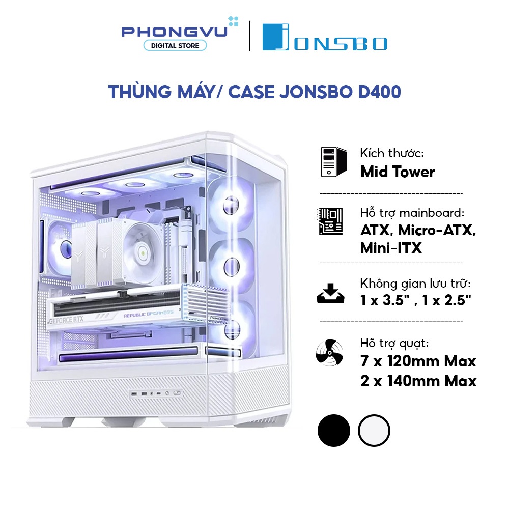 Case máy tính Jonsbo D400 (Black/White) - Mid Tower - Kính cường lực - Rad 360mm - Bảo hành 12 tháng