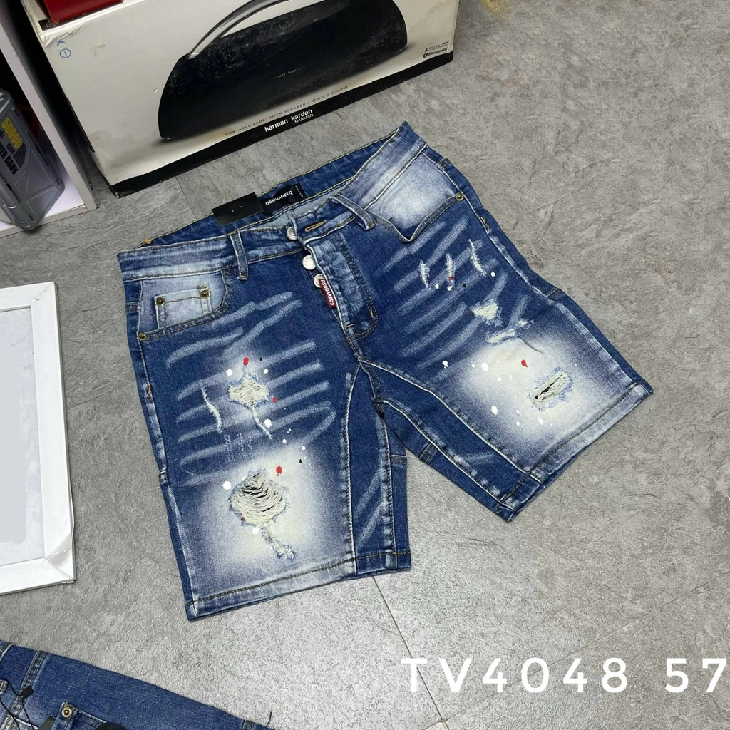 Quần short bò ngố nam PB wash xanh bạc rách xước vảy sơn phối in chữ D2 sau mông 4 cúc boy phố Phi -