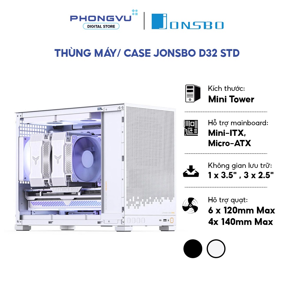 Case máy tính Jonsbo D32 STD (Black/White) - Mini Tower - Hỗ trợ Rad 240mm - Bảo hành 12 tháng