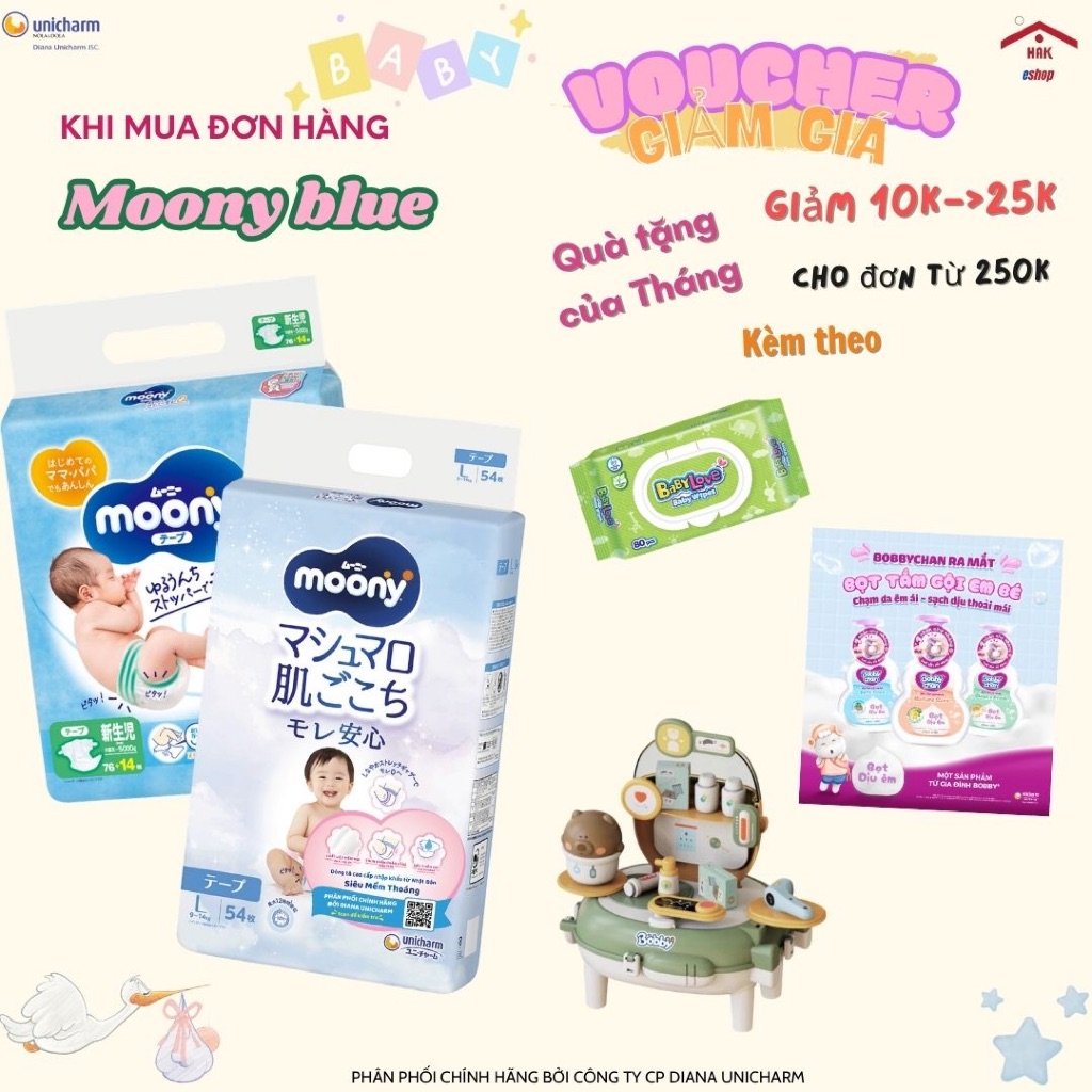 [Quà tặng Moony] Tã Dán Bỉm Moony Blue Sơ Sinh Newborn 90 - Nhập Khẩu Từ Nhật Bản