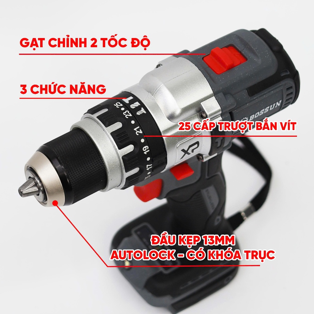 Máy khoan pin 3 chức năng BS BOSSUN M21B-ID1380N, Lực xoắn 80Nm, Đầu Autolock 13mm, Không chổi than | BigBuy360 - bigbuy360.vn