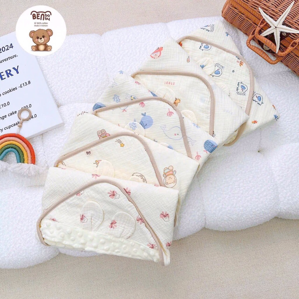 Chăn choàng ủ cho bé Ủ choàng Xô muslin hạt đậu cho bé sơ sinh Chăn ủ có mũ cho bé sơ sinh
