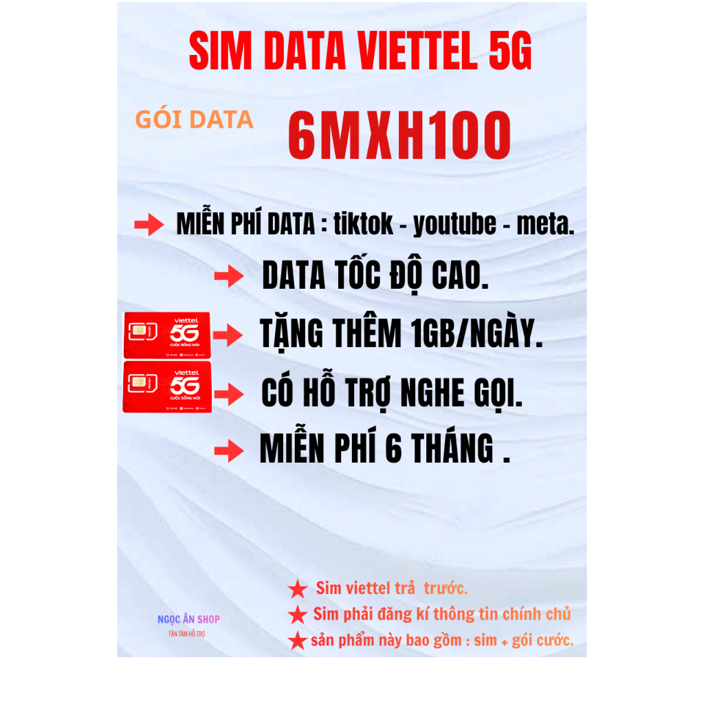 [ 6MXH100 ] SIM 5G VIETTEL. MP XEM YOUTUBE - TIKTOK- META. TĂNG THÊM 1GB/NGÀY. [ miễn phí 6 tháng]