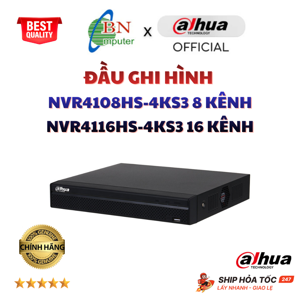 Đầu ghi IP DHI-NVR4108HS-4KS3-8 kênh, Đầu ghi hình NVR4116HS-4KS3 16 kênh chất lượng, chính hãng
