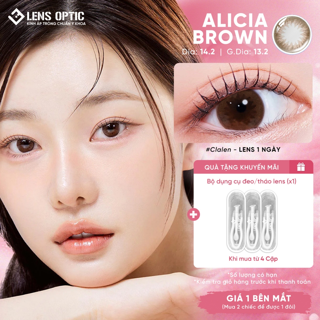 Kính Áp Tròng Lens Optic Màu Nâu Alicia Brown Clalen Iris 1 Ngày Chống Tia UV Có Độ
