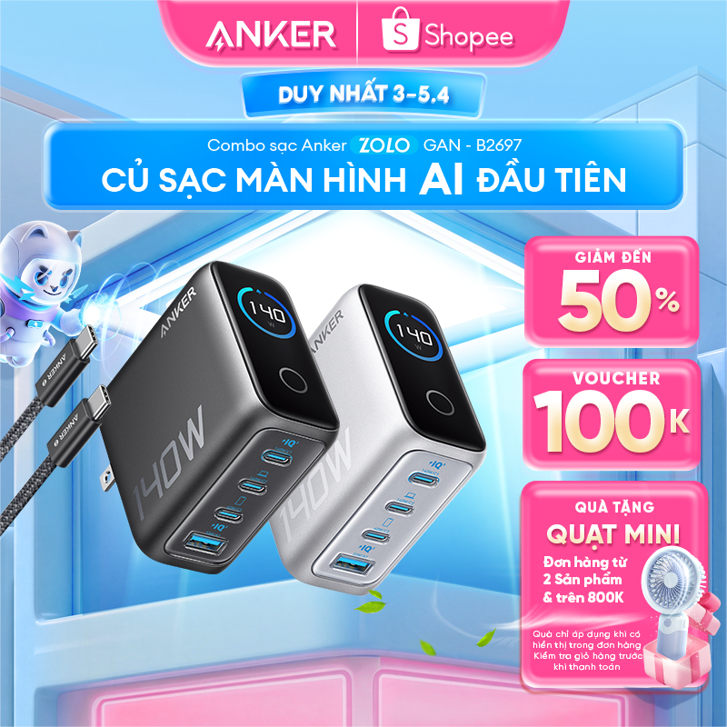Bộ sạc nhanh Anker ZoLo 140W (4 cổng, GaN) sạc được cho laptop- 3 USB-C PD & 1 USB-A sạc 4 thiết bị 