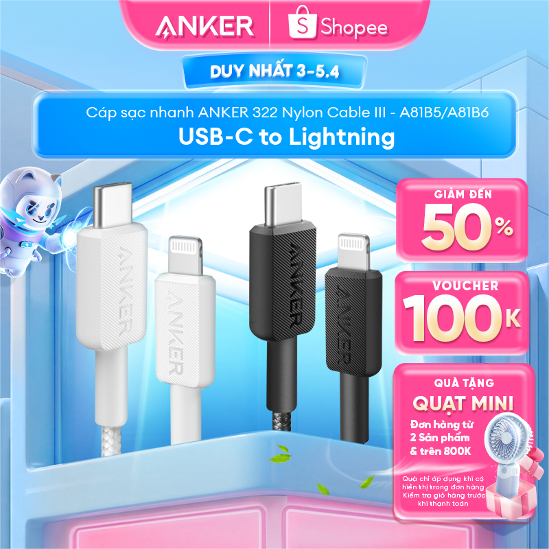 [Cho iPhone 8 -14] Cáp Sạc Nhanh ANKER 322 Nylon Dù USB-C to Lightning | Đạt chứng nhận MFi Apple | 