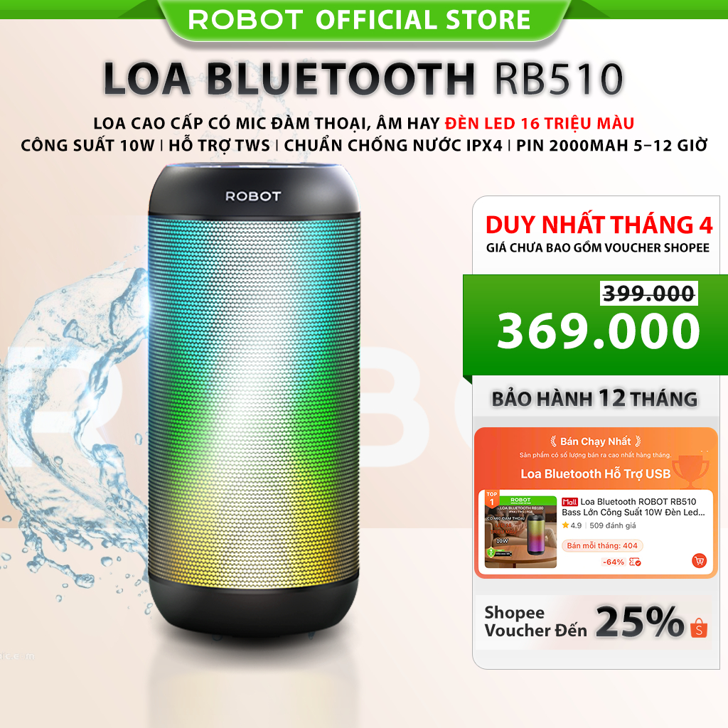 Loa Bluetooth ROBOT RB510 Bass Lớn Công Suất 10W Đèn Led RGB Chống Nước - Hỗ trợ Kết Nối Thẻ Nhớ/USB