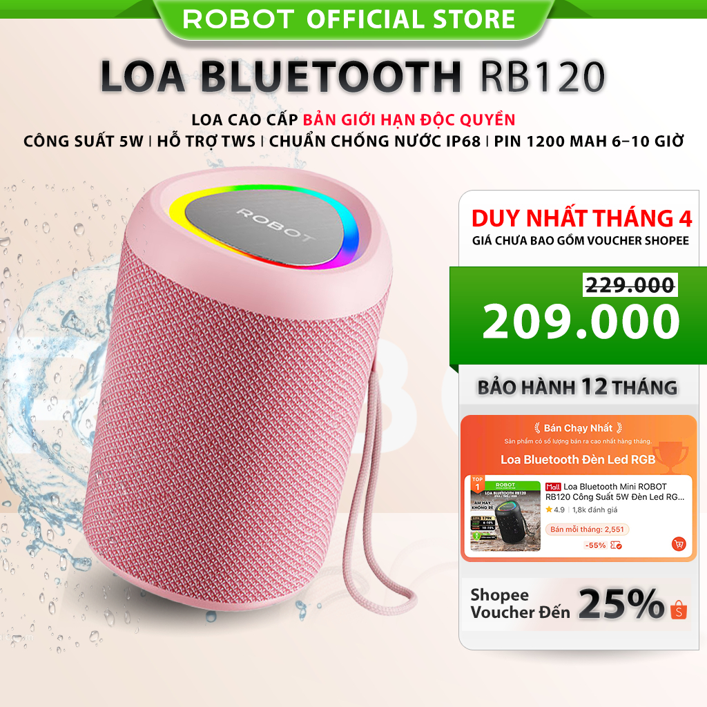 Loa Bluetooth Mini ROBOT RB120 Hồng Matte phiên bản giới hạn Công Suất 5W Đèn Led RGB Hỗ Trợ Kết Nối