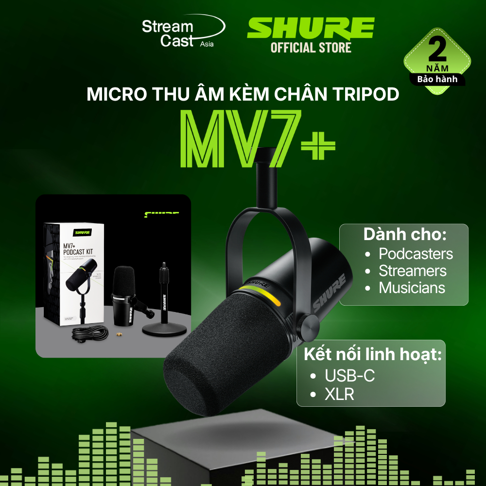 Bộ micro thu âm Shure MV7/ MV7+ , kèm chân tripod màu đen - chuyên podcast- cổng USB & XLR - Bảo hàn
