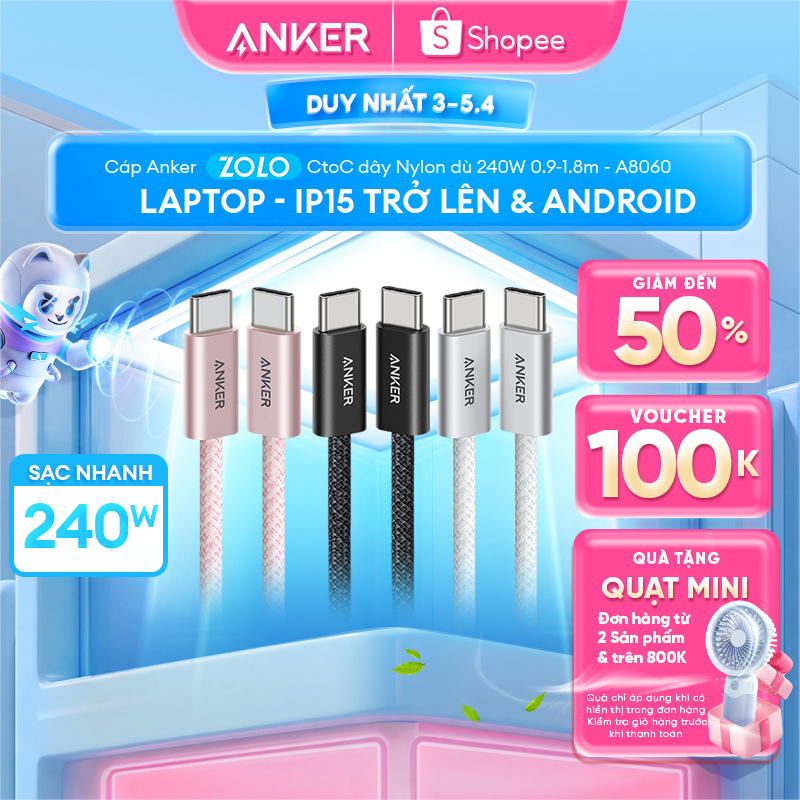 [Cho iPhone 15-17 Android Laptop] Cáp sạc nhanh ANKER Zolo USB-C to USB-C | Công suất 240W | Chuẩn c