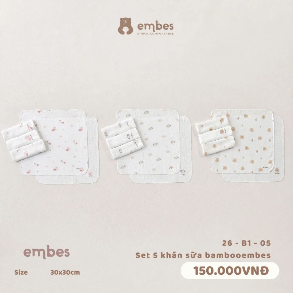 Set 5 khăn sữa Bambooembes chính hãng, Khăn sữa sợi tre Embes cho bé mềm mịn -  26-B1-05