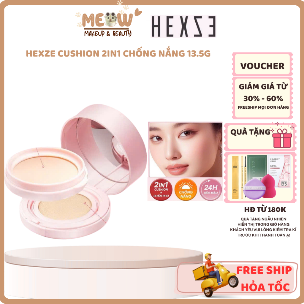 HEXZE Cushion & Phấn Phủ 2in1 chống nắng Bảo Vệ, Nâng Tông Tự Nhiên | MEOW MAKEUP
