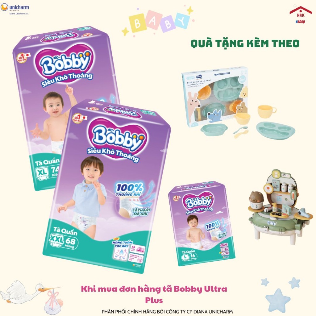 [Combo Quà Tặng] Tã quần Bobby/ Bỉm quần Bobby siêu khô thoáng – M96/L88/XL74/XXL68, size 6kg-22kg