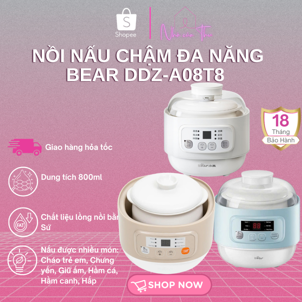 Nồi nấu chậm đa năng Bear DDZ-A08T8 Nâu/Xanh/Trắng - Hàng Chính Hãng - Bảo Hành 18 Tháng